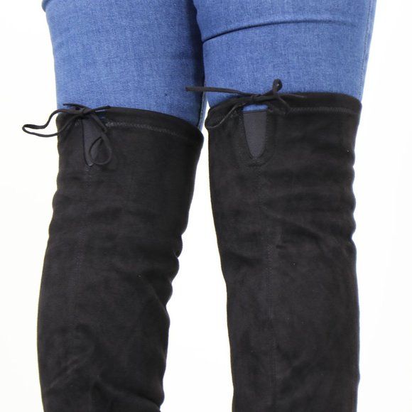 Black Thigh High Over The Knee  Block High Heel Boots Pointy Toe Faux Suede - Picture 9 of 15